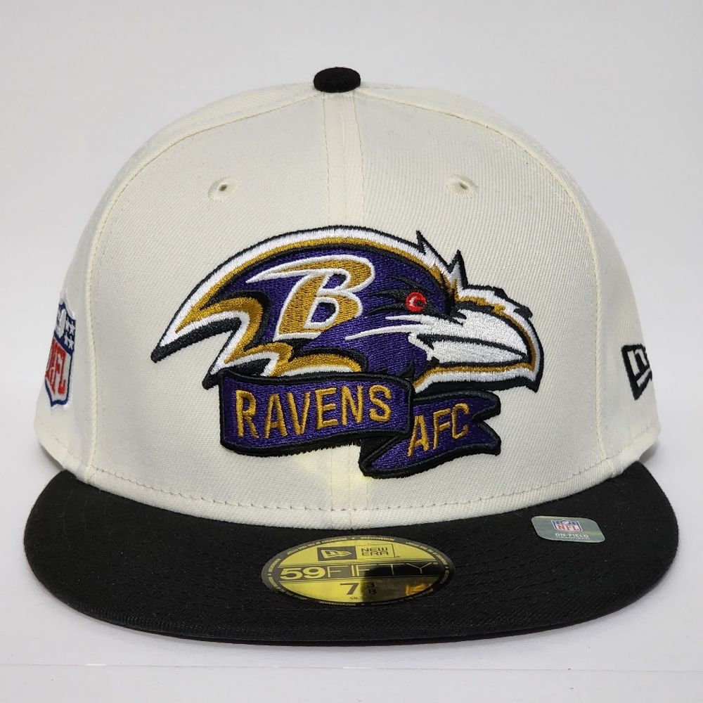 New Era Baltimore Ravens On-Field‎ Cap 59Fifty NFL 7 3/8 Fitted Hat Black Cream